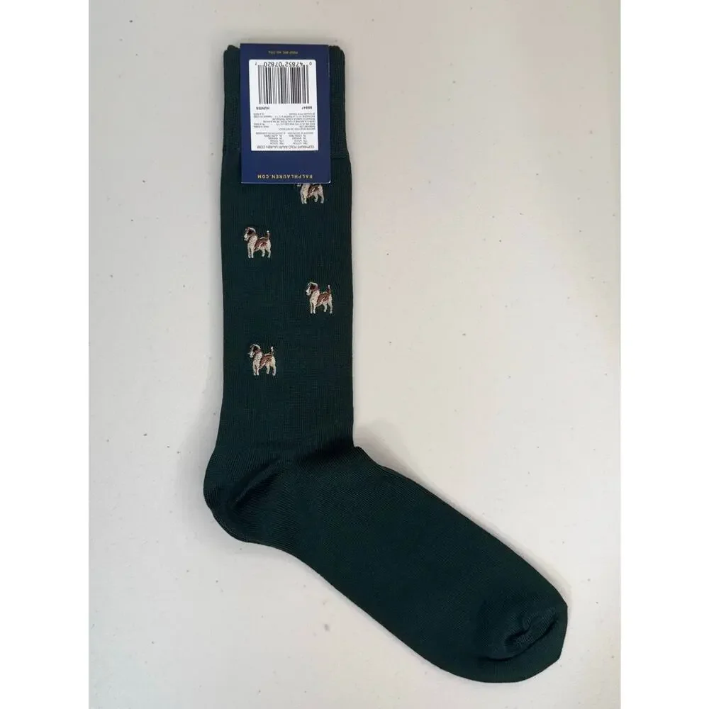 Polo Ralph Lauren Green Dress Socks Embroidered Hunting Dog Pattern Cotton Blend